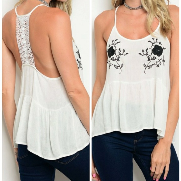 AMERICAL CLOTHING INC Tops - WHITE SPAGHETTI STRAP EMBROIDERY TANK TOP